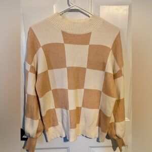 Elegant Cream and Tan Checkered Sweater